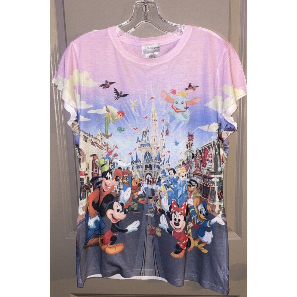 Vintage Y2K Disney Parks All Over Print T-Shirt Large Magic Kingdom Castle 2009